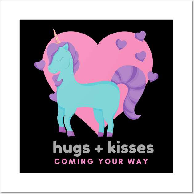 Unicorn With Heart & Hugs + Kisses Coming Your Way Text Wall Art by Vegan Squad